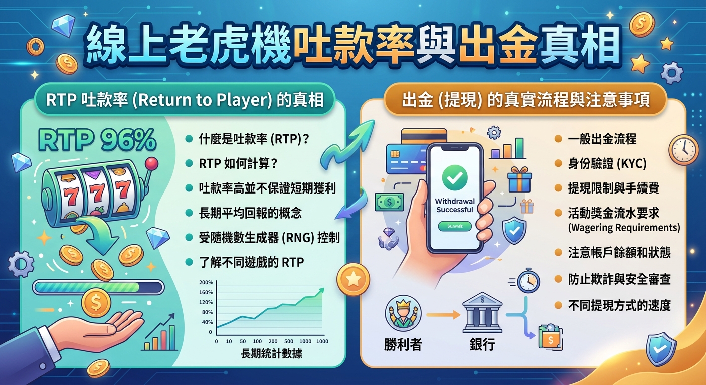 圖片主標題為「線上老虎機吐款率與出金真相」,畫面分為左右兩側探討RTP吐款率與出金流程的相關資訊。