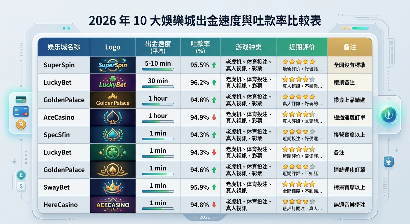 這張圖片展示了一份「2026 年 10 大娛樂城出金速度與吐款率比較表」,採用現代科技感風格的 UI 介面呈現。 表格內詳細列出各大娛樂城的名稱、標誌、平均出金時間、吐款率百分比、遊戲種類、近期評價星級與備註資訊。