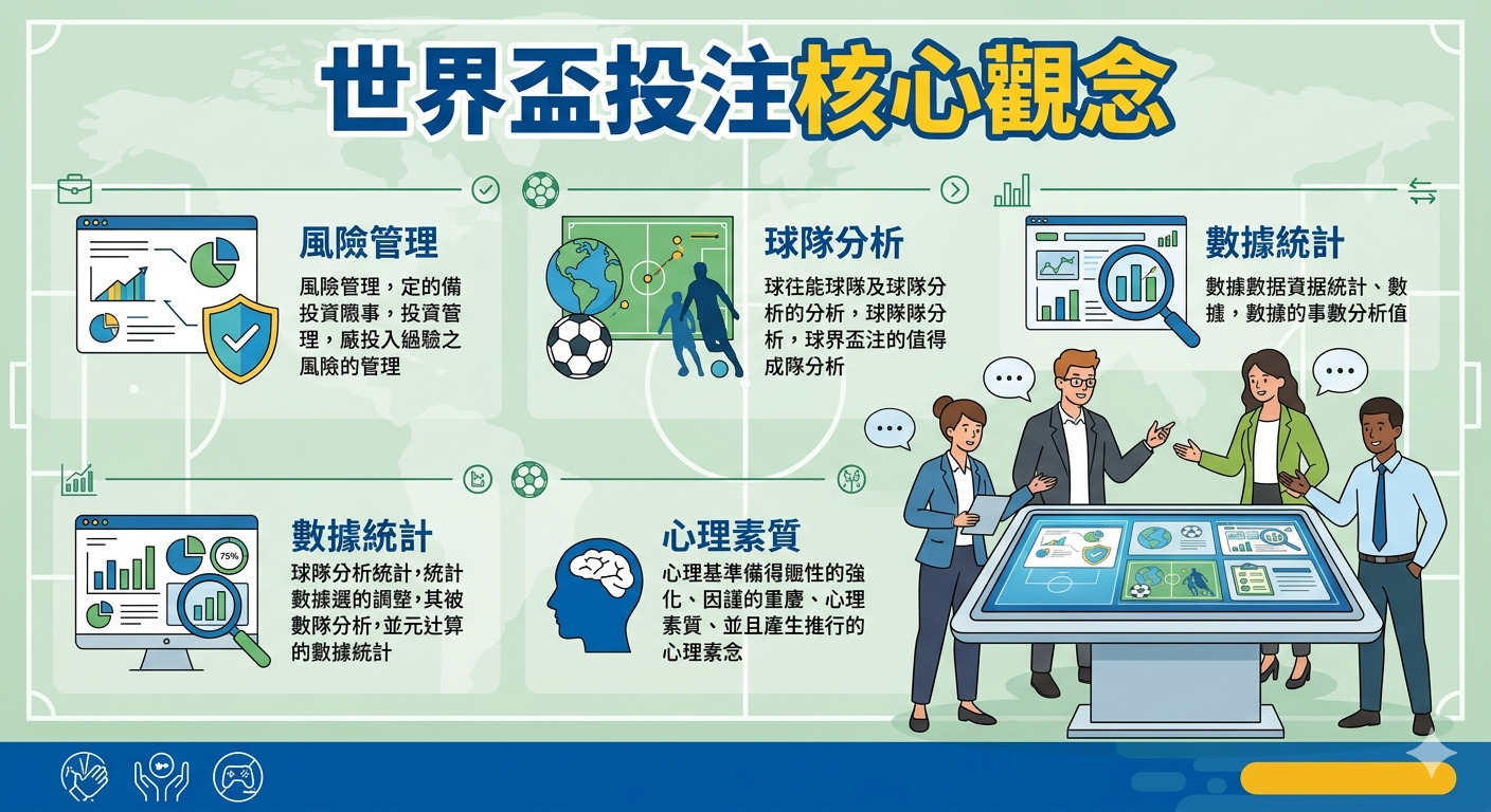 這張圖片以「世界盃投注核心觀念」為標題,展示了進行足球投注時風險管理、球隊分析、數據統計與心理素質的重要性。 畫面透過專業團隊討論數據的場景,傳達了理性分析與科學投注的核心理念。