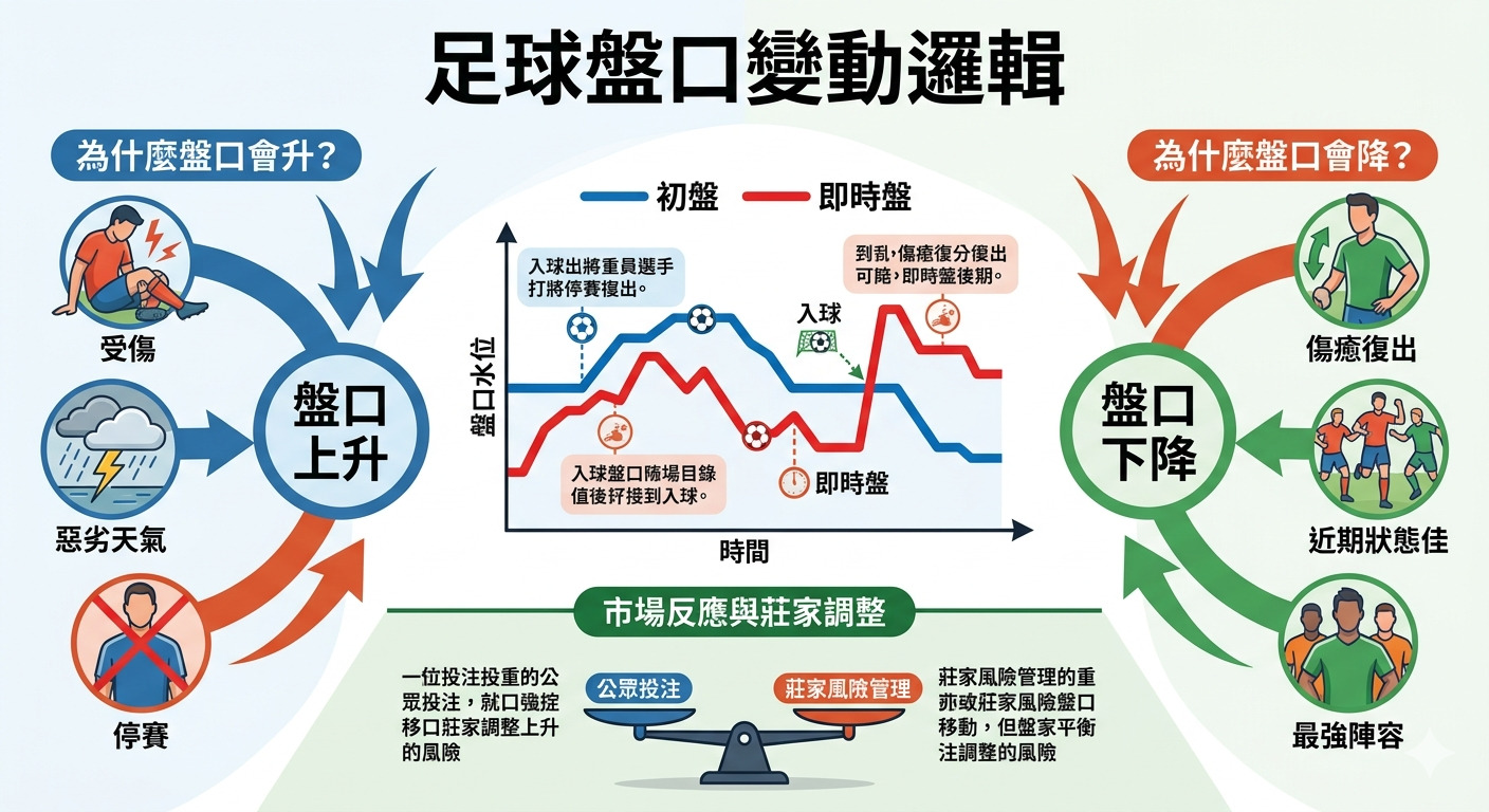 這張資訊圖表解釋了「足球盤口變動邏輯」,透過圖示分析影響盤口上升與下降的關鍵因素。 內容包含市場反應、莊家風險管理機制,以及球員受傷、天氣或隊伍狀態等對盤口調整的具體影響。