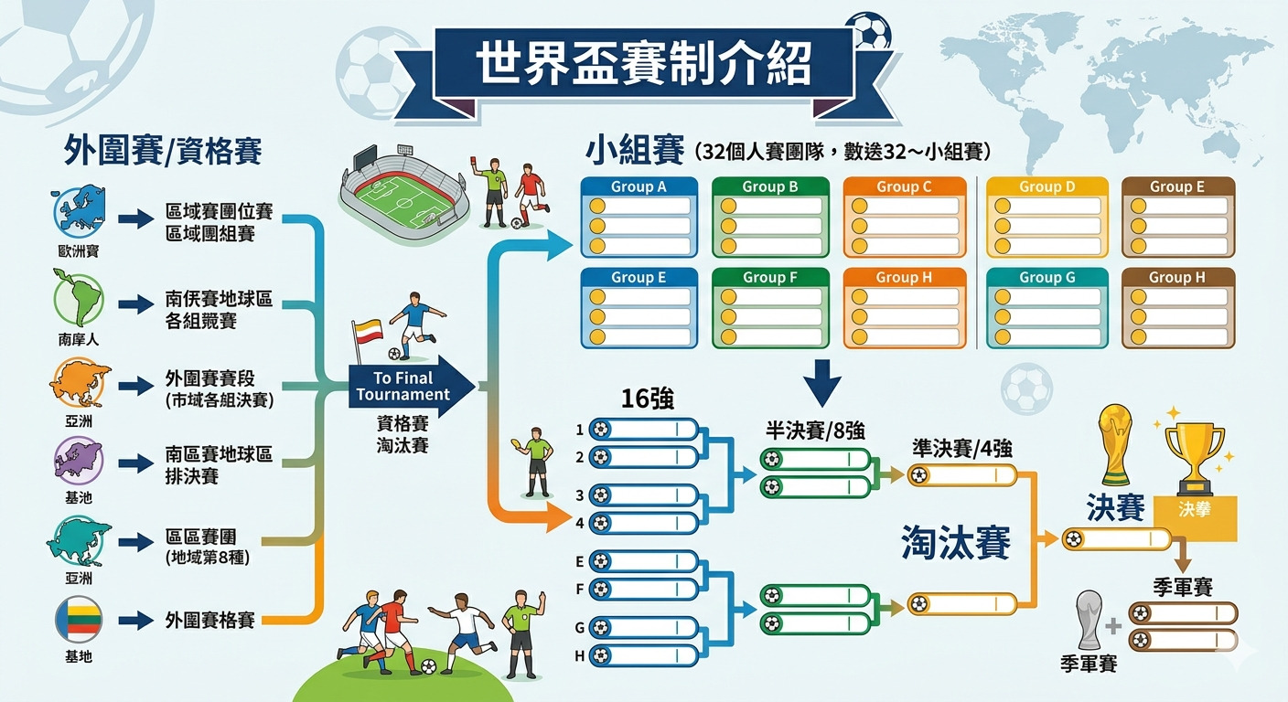 這張圖片以資訊圖表的形式展示了「世界盃賽制介紹」，清楚地呈現了從資格賽到小組賽及淘汰賽的晉級流程。 圖中結合了各洲賽區分布、小組分組結構與最終決賽對戰路徑，並附有球場與參賽隊伍的意象圖示。