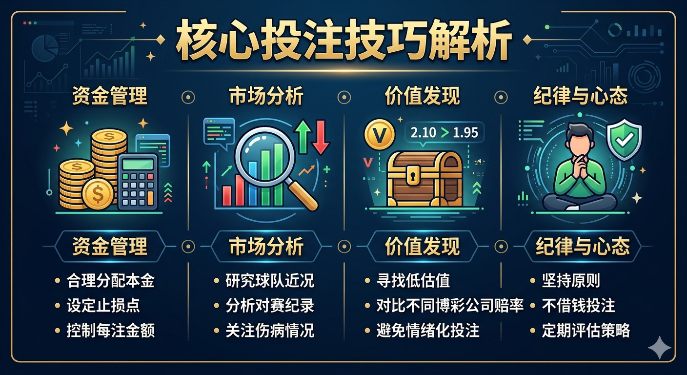 這張圖片以深色科技風格呈現「核心投注技巧解析」主題,透過四個區塊詳細展示了資金管理、市場分析、價值發現與紀律心態的專業建議。 整體設計簡潔明瞭,結合了圖標與文字說明,有效整理並歸納了投資與投注時應具備的核心策略與原則。